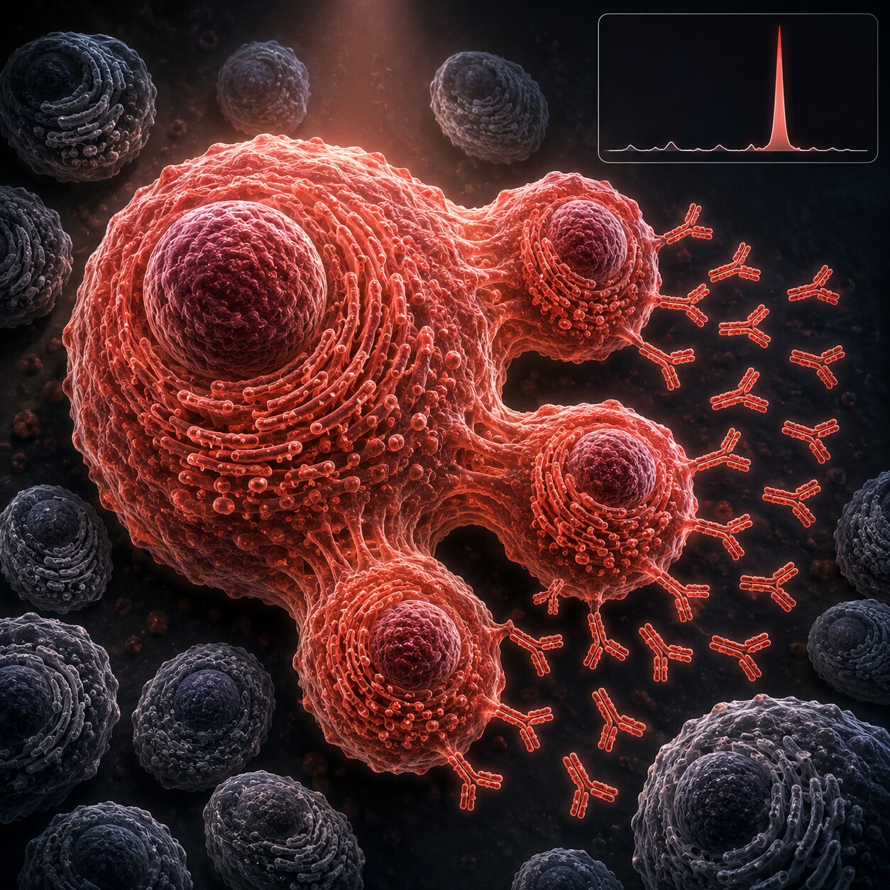 Scientific illustration of a single clonal plasma cell overproducing identical monoclonal immunoglobulin proteins