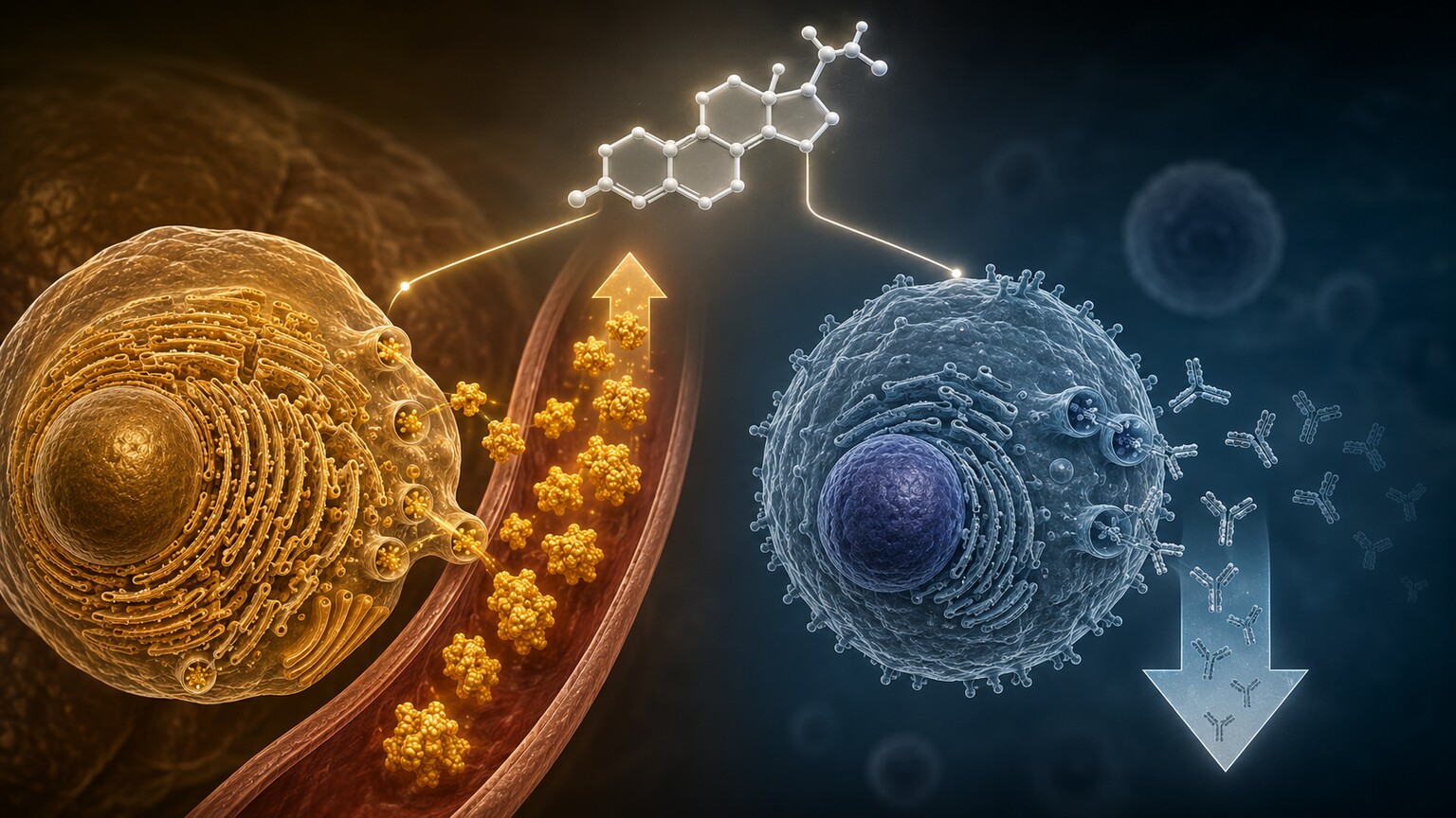 Illustration of a corticosteroid molecule acting on both a liver cell and an immune lymphocyte to shift protein balance