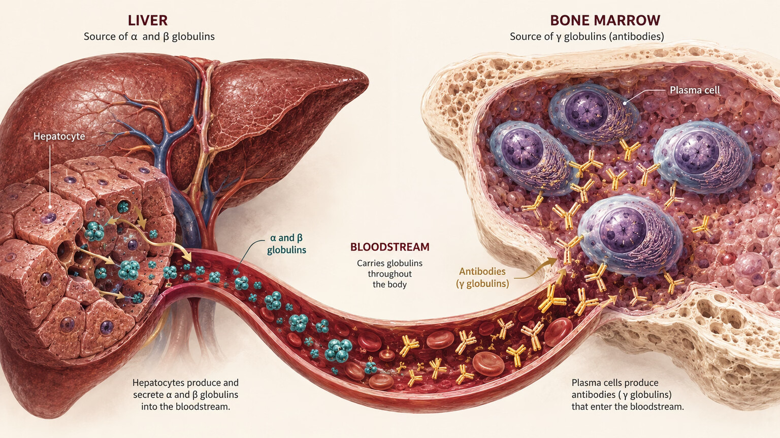 Scientific illustration comparing the liver producing alpha and beta globulins with plasma cells producing gamma globulin antibodies
