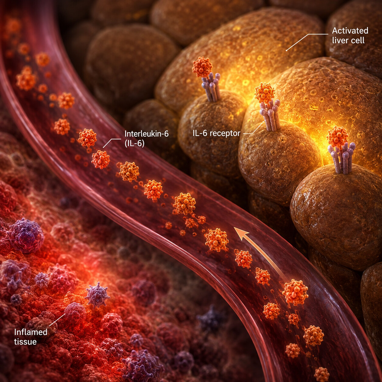 Close-up scientific illustration of interleukin-6 signaling molecules traveling from inflamed tissue to liver cells