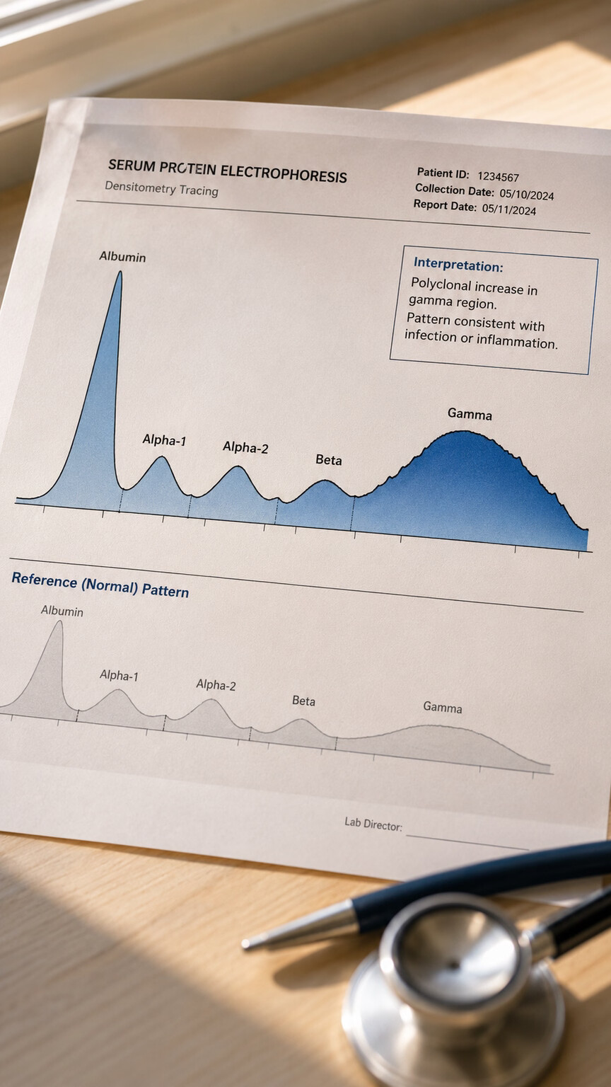 Serum protein electrophoresis printout showing a broad polyclonal gamma globulin elevation pattern used to diagnose chronic infection