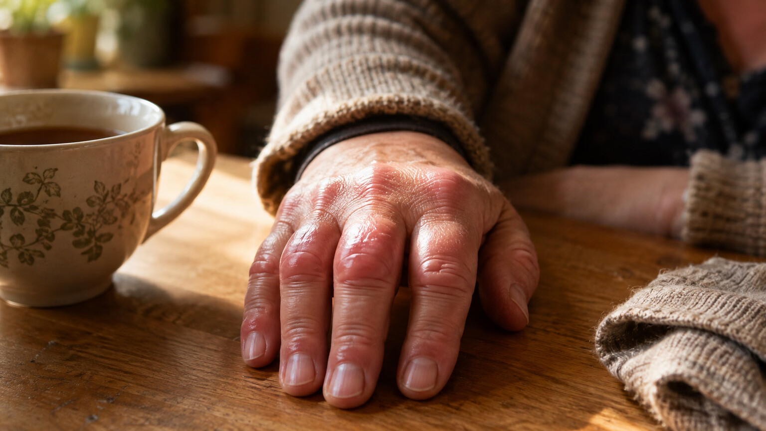 Close-up photograph of a person's visibly swollen and reddened finger joints, a sign of autoimmune joint inflammation linked to elevated globulins