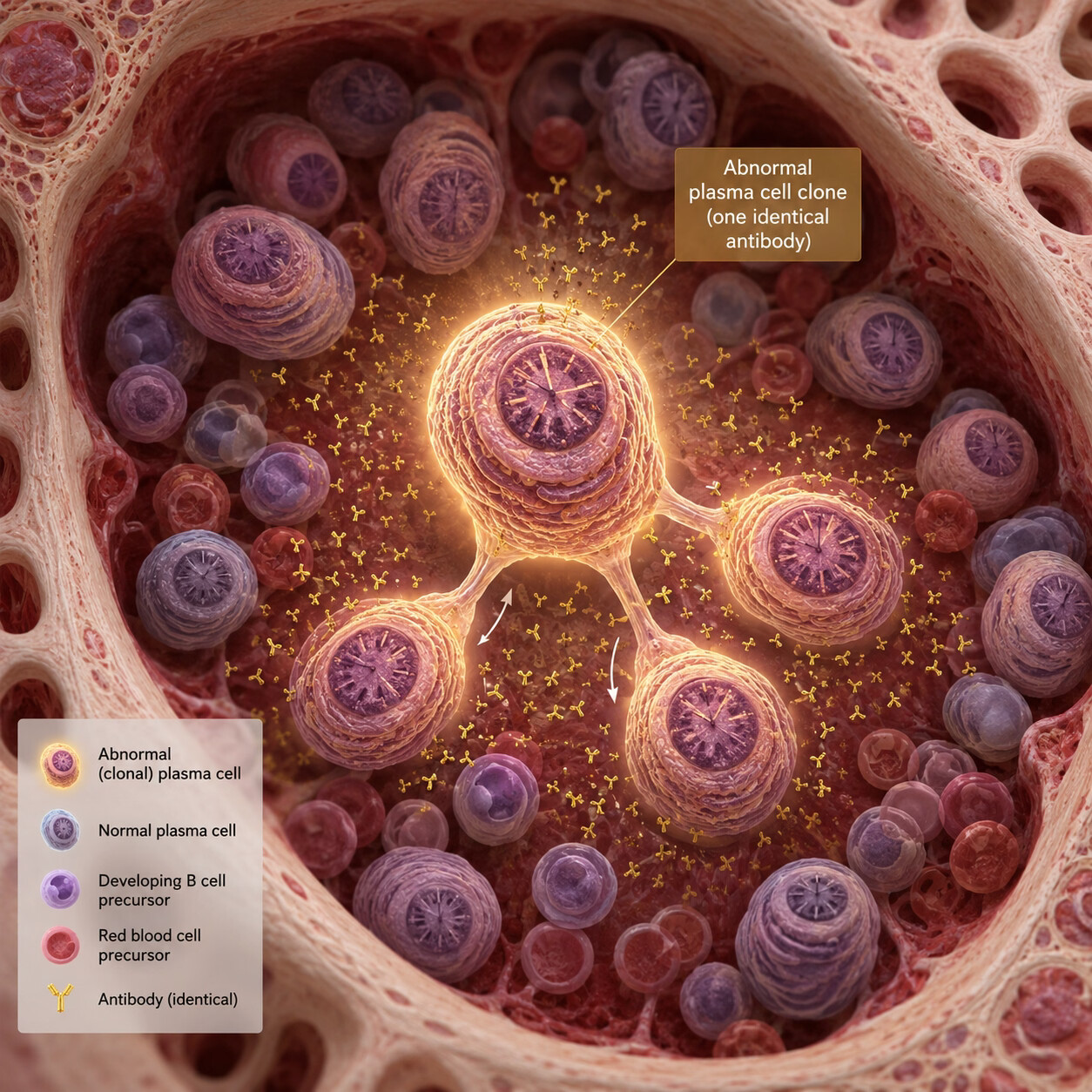 Scientific illustration of a single abnormal plasma cell clone multiplying within bone marrow tissue, producing one identical antibody type