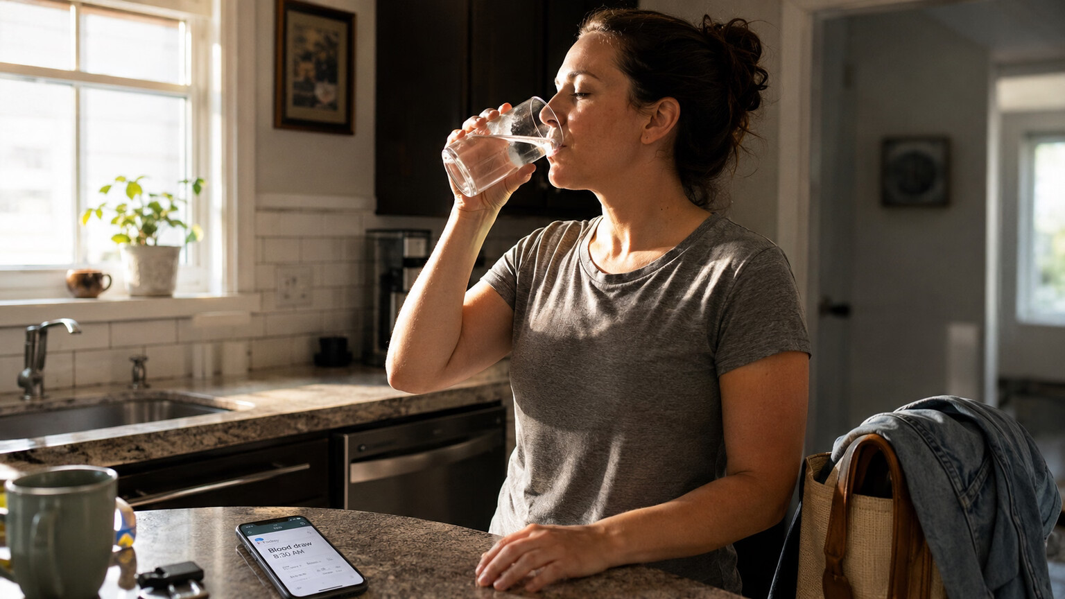 Person drinking a glass of water at a kitchen counter in the morning before a scheduled blood draw appointment