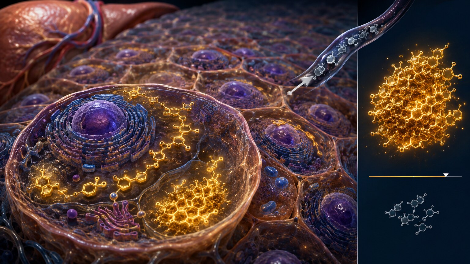 Scientific illustration of liver cells actively synthesizing cholesterol molecules, showing internal production far exceeding dietary intake