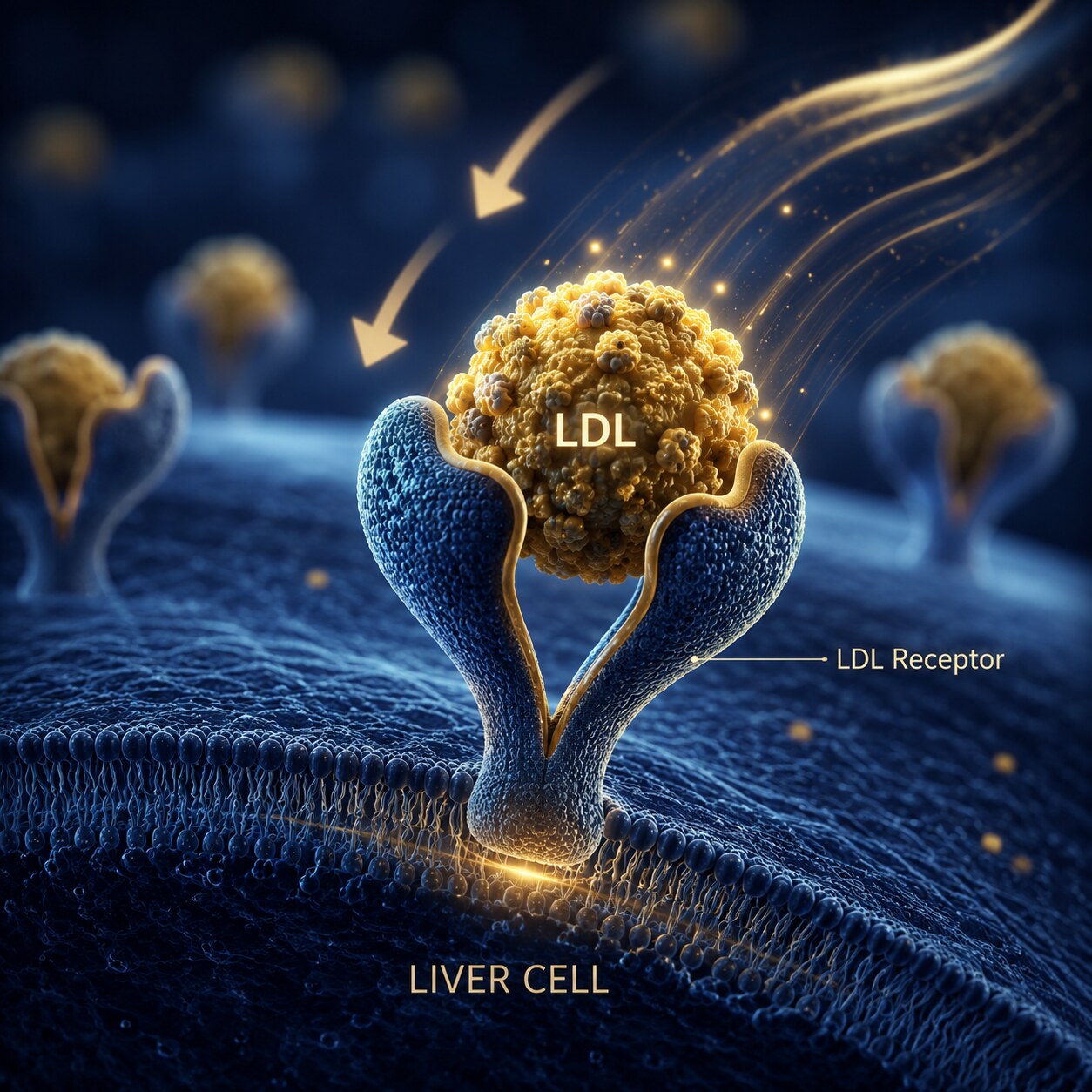 Scientific illustration of an LDL receptor protein on a liver cell surface capturing and removing an LDL cholesterol particle from the bloodstream