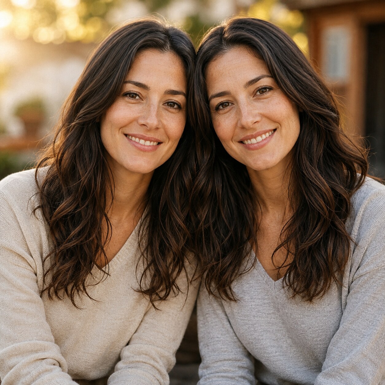 Photograph of identical twin adults sitting together, representing the kind of twin studies researchers use to measure the heritability of cholesterol levels