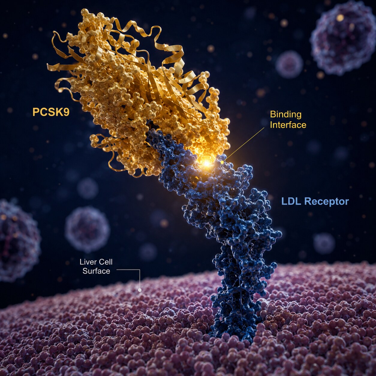 Scientific illustration of a PCSK9 protein molecule interacting with and marking an LDL receptor for breakdown