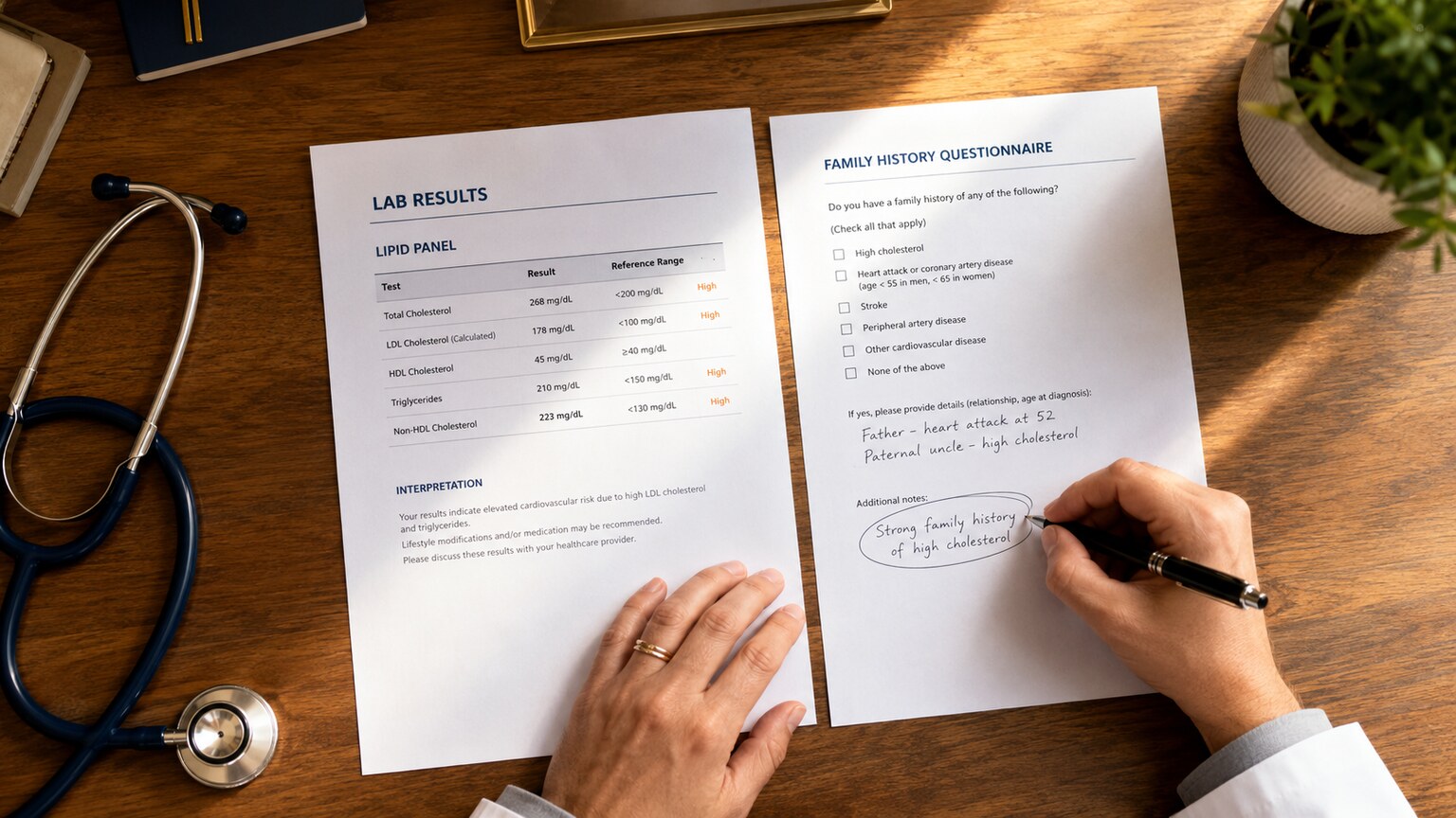 Overhead view of a clinician's desk reviewing a lipid panel report alongside a family history questionnaire noting a possible genetic pattern