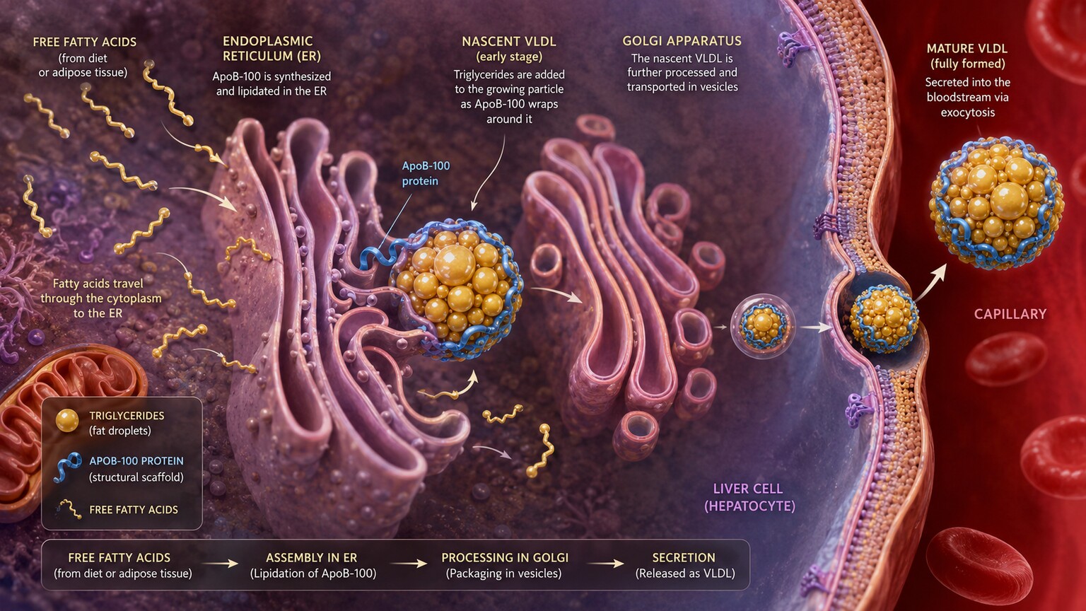 Scientific illustration of a liver cell assembling a VLDL particle loaded with triglycerides inside its internal membranes