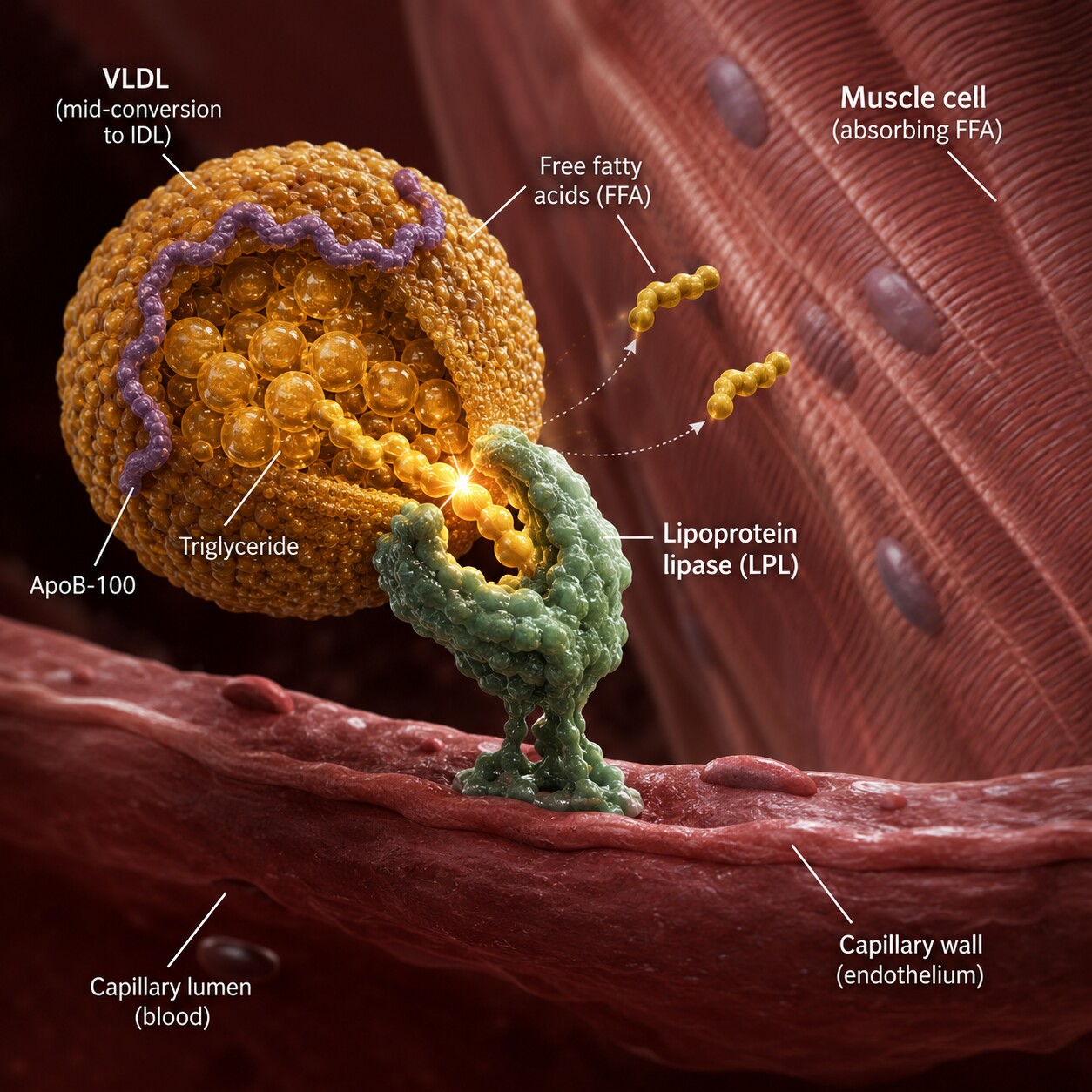 Scientific illustration of the enzyme lipoprotein lipase breaking down triglycerides on the surface of a VLDL particle at a capillary wall