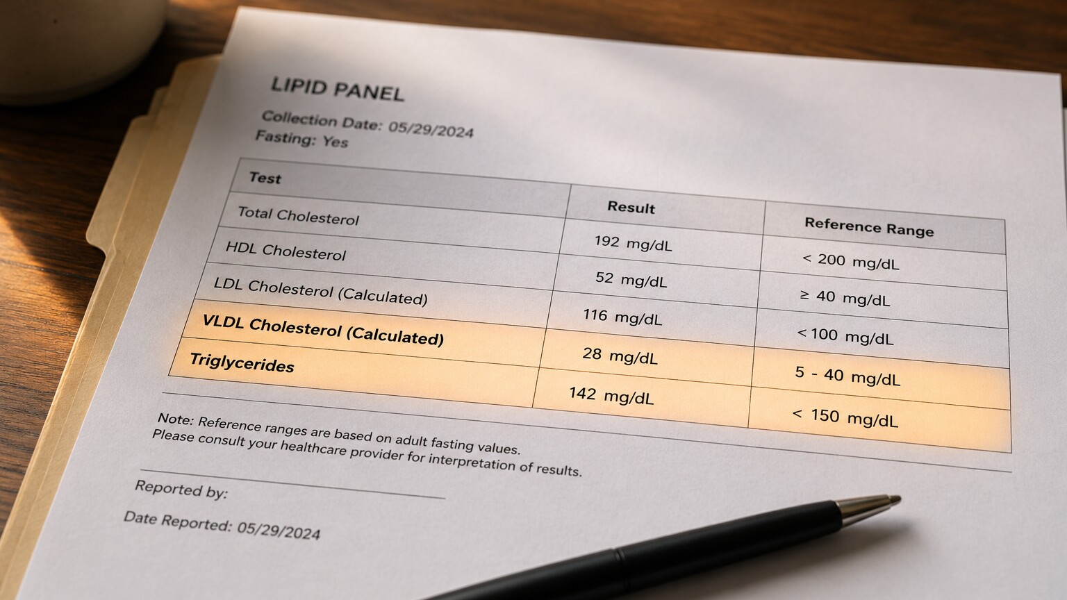 Close-up of a printed lipid panel lab report highlighting the VLDL and triglyceride result rows next to their reference ranges