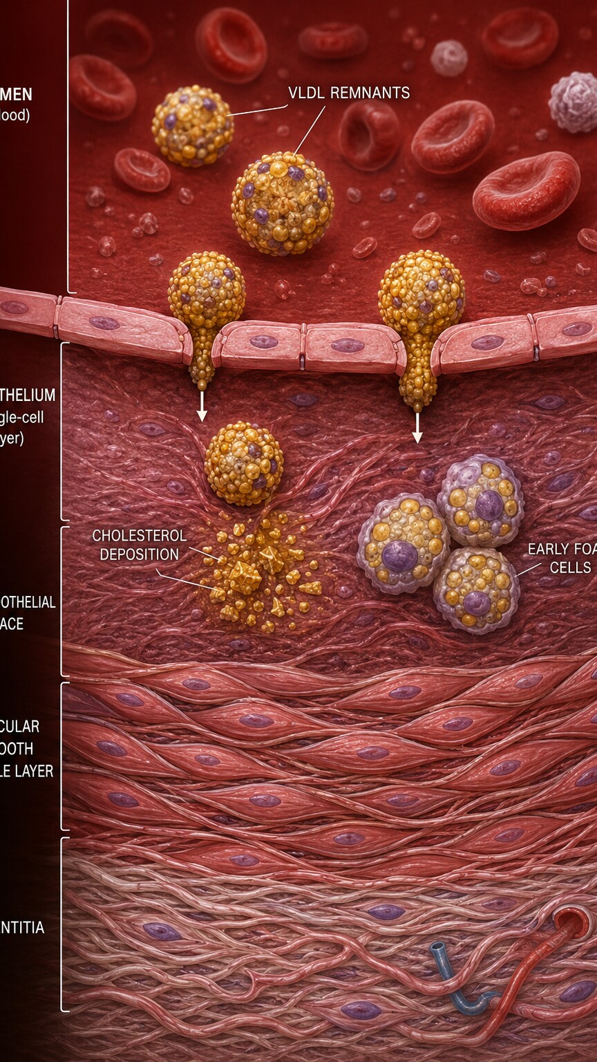Cross-section illustration of a small artery wall with triglyceride-rich VLDL remnant particles penetrating the endothelial lining