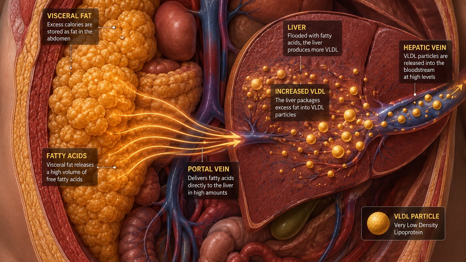 Anatomical cross-section illustration showing visceral fat surrounding abdominal organs feeding excess fatty acids into an overworked liver