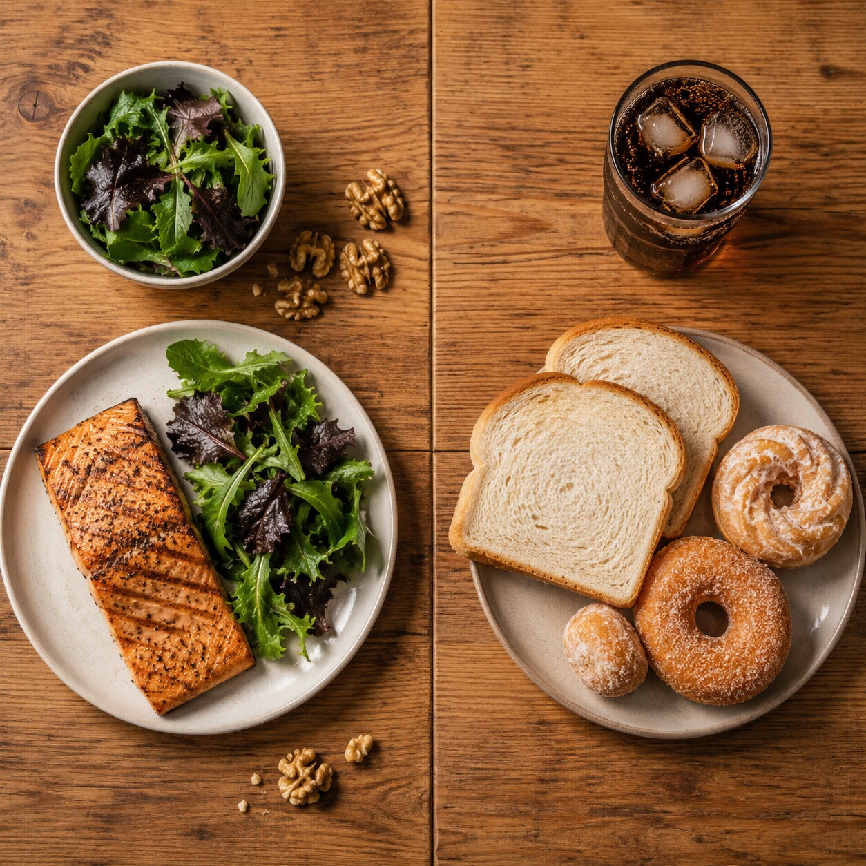 Overhead photo of a kitchen table split between omega-3 rich salmon and vegetables on one side and refined carbohydrates and sugary drinks on the other