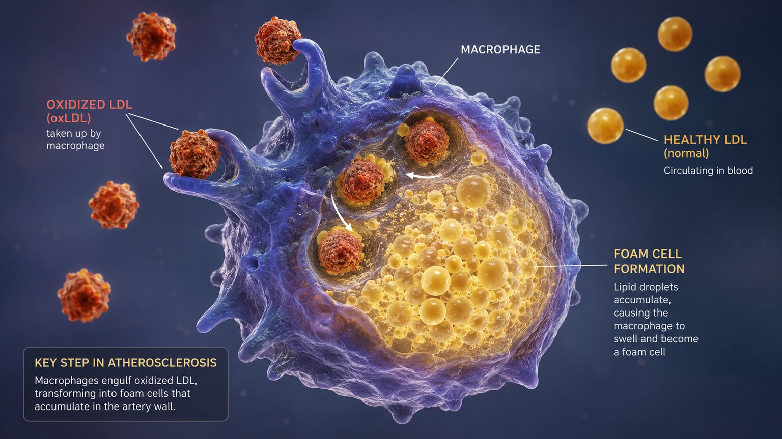 Scientific illustration of a macrophage engulfing oxidized LDL particles and transforming into a lipid-laden foam cell