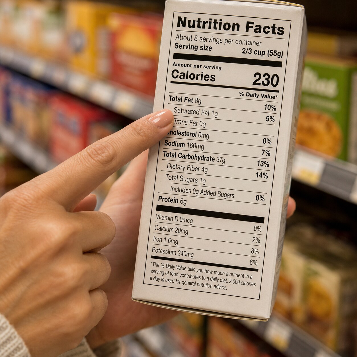 Close-up of a person's finger pointing to the saturated fat line on a packaged food nutrition label in a grocery store