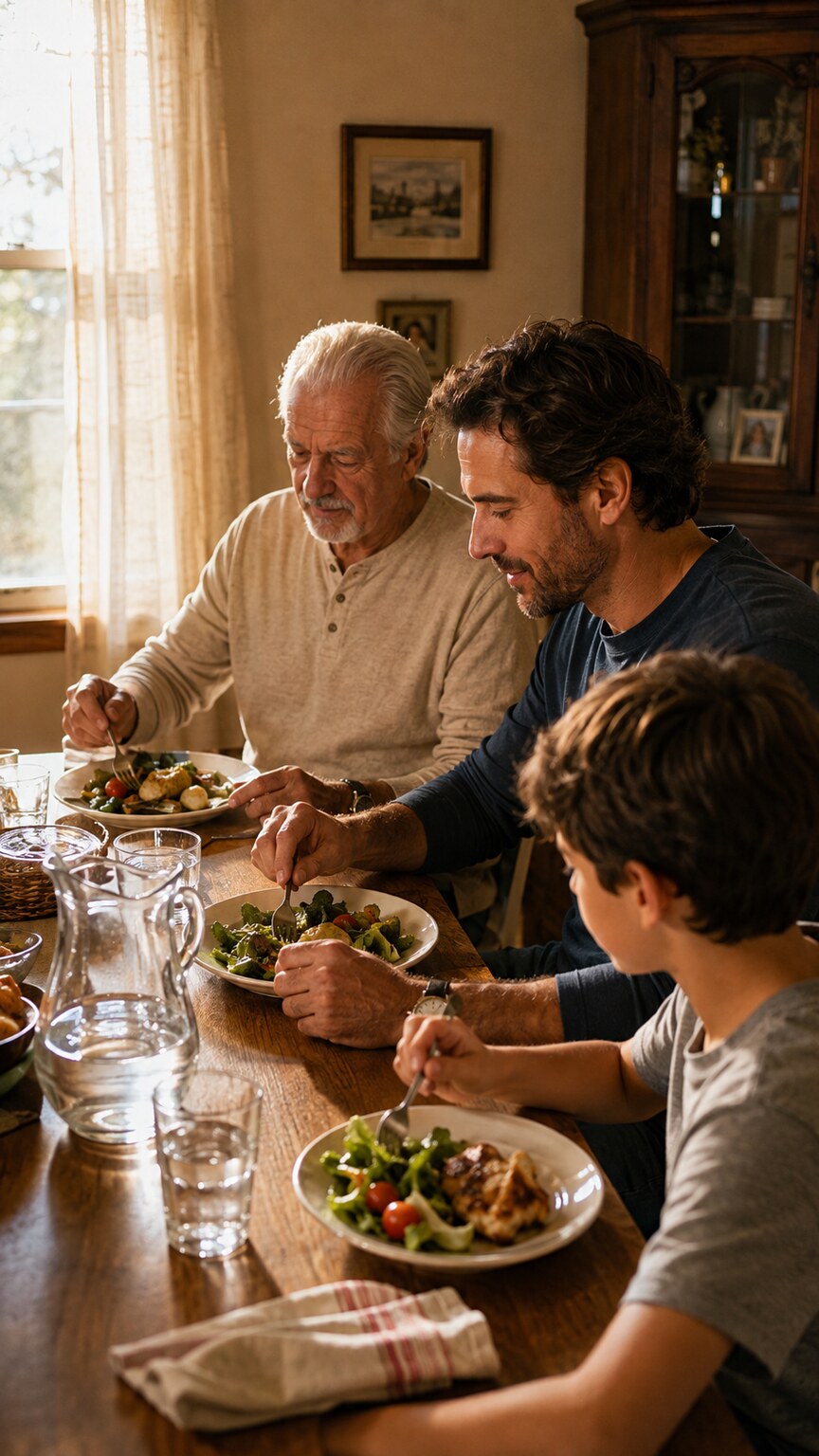 Three generations of a family sitting together at a table, relevant to the inherited nature of familial hypercholesterolemia