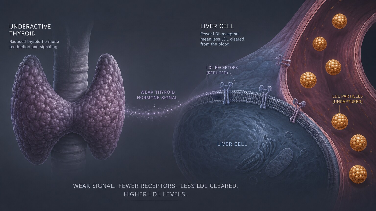 Scientific illustration showing an underactive thyroid gland reducing LDL receptor activity in the liver