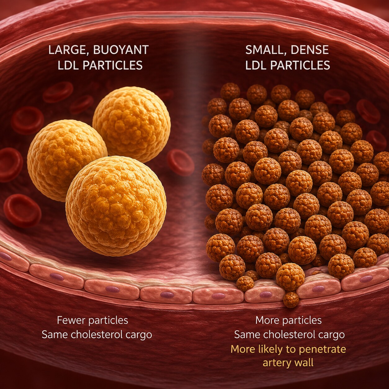 Scientific comparison illustration of small, dense LDL particles alongside larger, more buoyant LDL particles