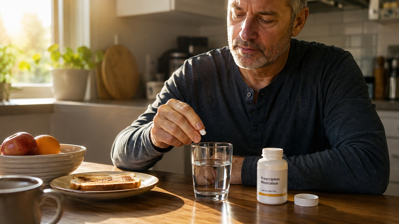 Person taking a cholesterol-lowering statin tablet with a glass of water at a breakfast table