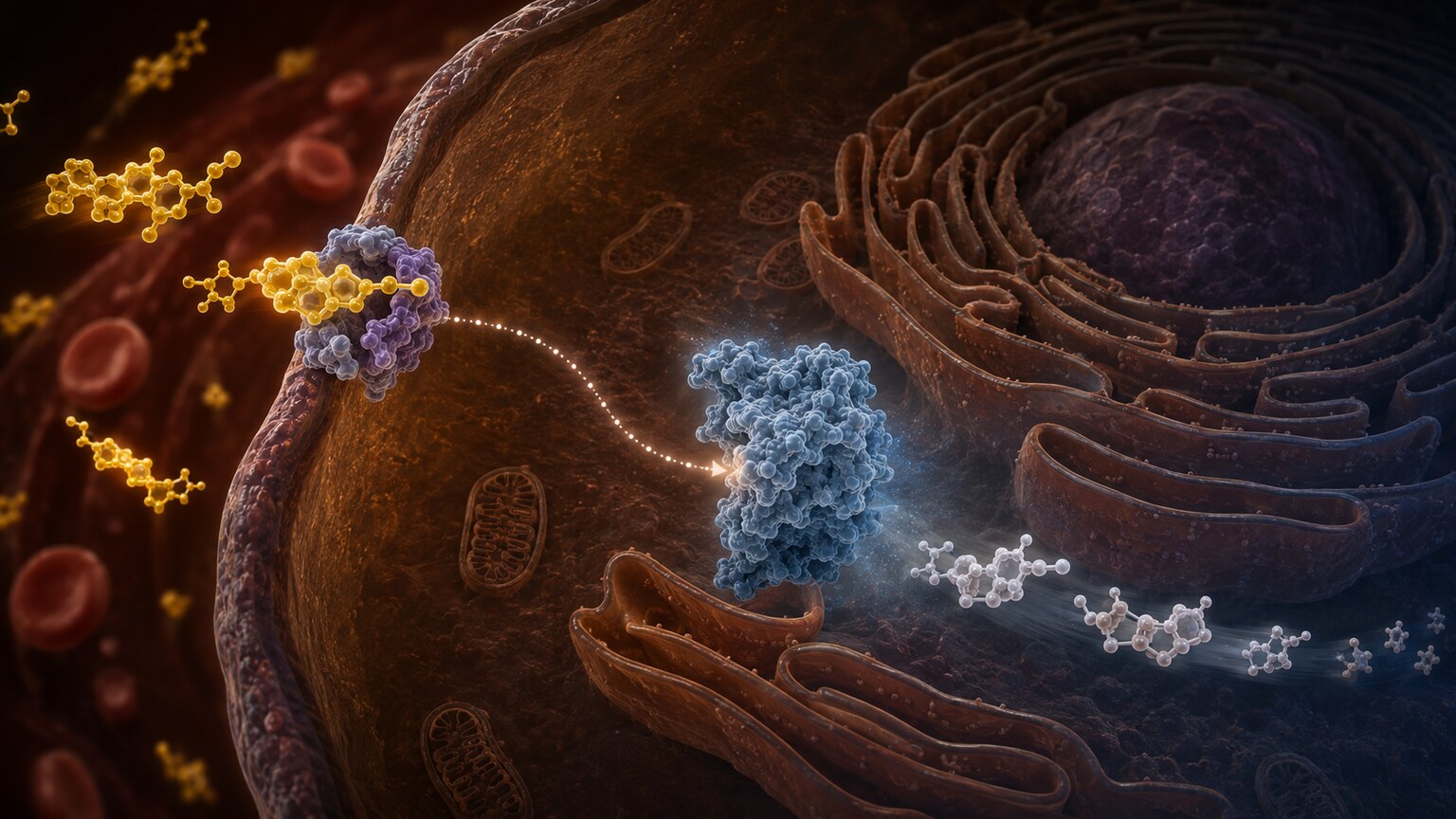 Scientific illustration of a liver cell reducing its own cholesterol production in response to incoming dietary cholesterol