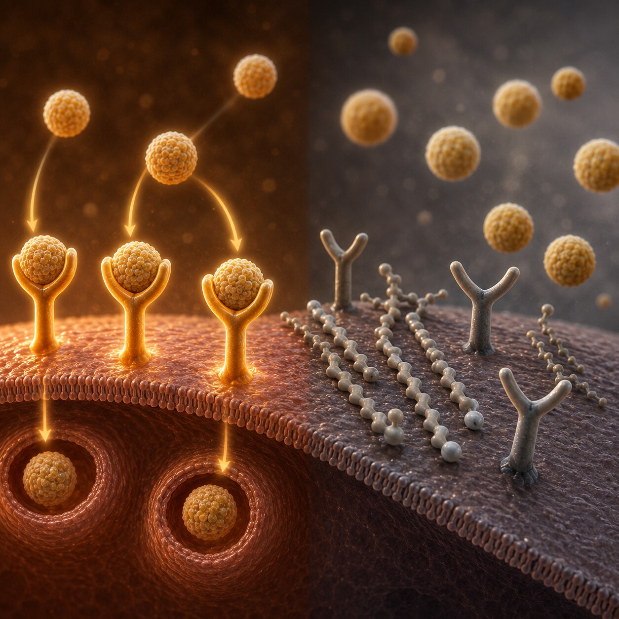 Scientific illustration of saturated fat molecules reducing the number of active LDL receptors on a liver cell surface
