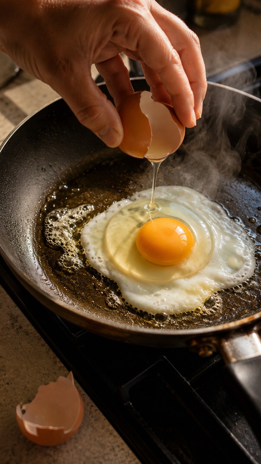 Hand cracking a raw egg into a hot frying pan on a stovetop during breakfast preparation