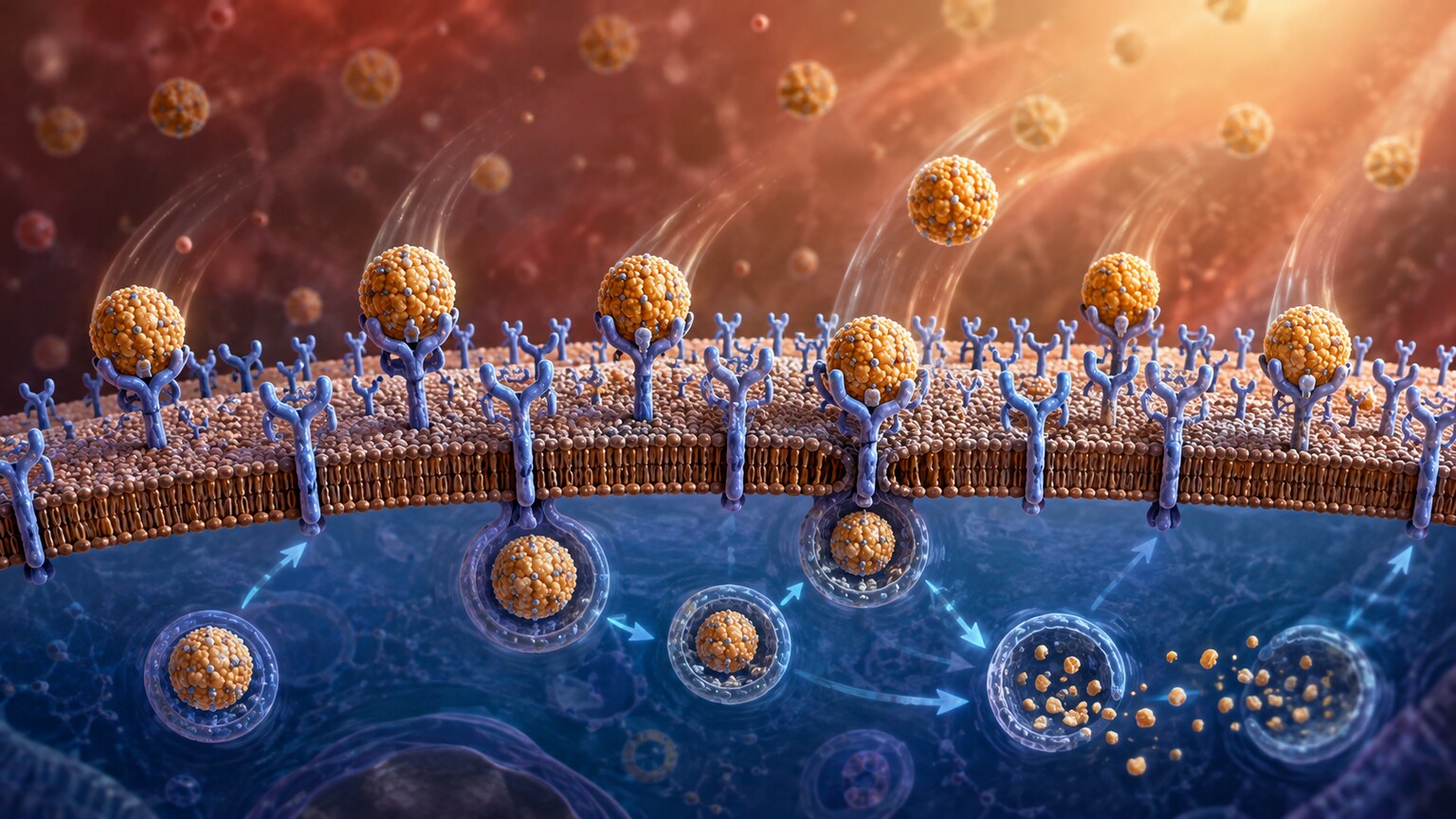 Scientific illustration of LDL cholesterol particles docking into liver cell surface receptors to be cleared from the bloodstream