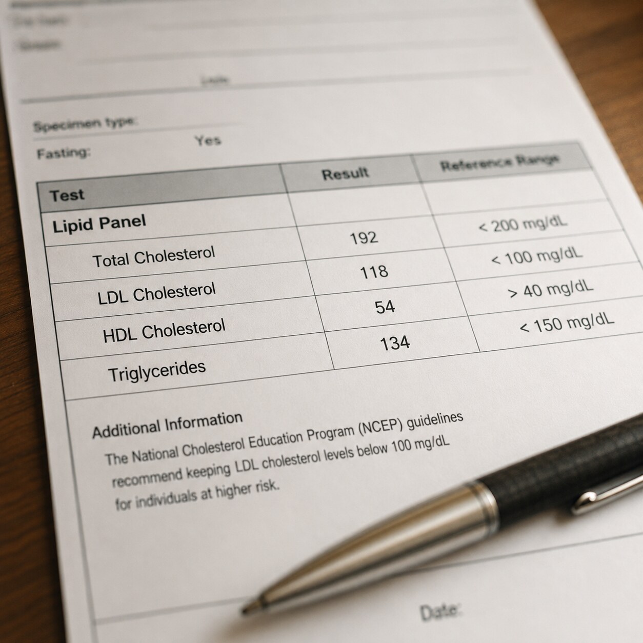 Close-up of a printed lipid panel lab report showing total cholesterol, LDL, HDL, and triglyceride values