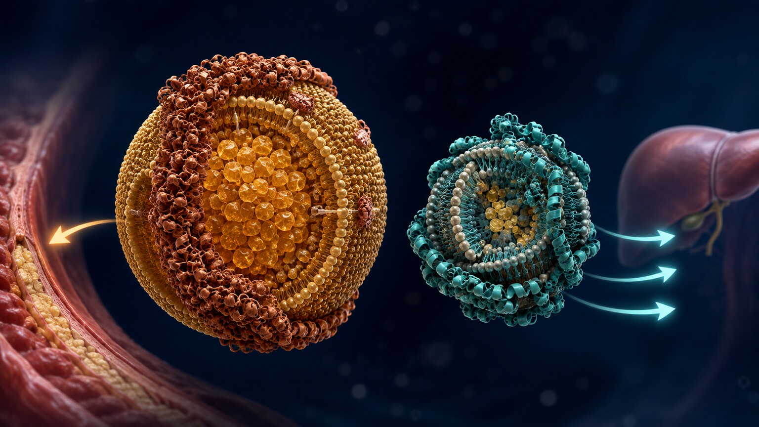 Scientific illustration comparing the structure of a small dense LDL particle against a larger HDL particle in blood plasma