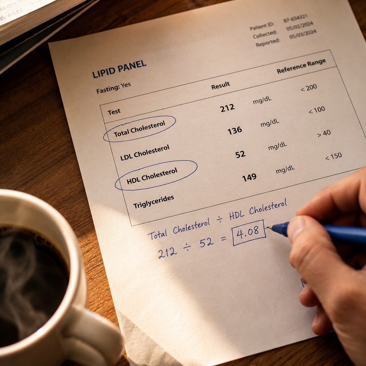 Close-up of a printed lipid panel report with a pen circling the total cholesterol and HDL rows beside a handwritten division calculation