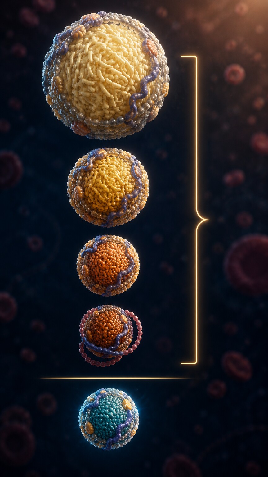 Vertical scientific illustration showing the full family of cholesterol-carrying particles including VLDL, IDL, LDL, and Lp(a) alongside HDL