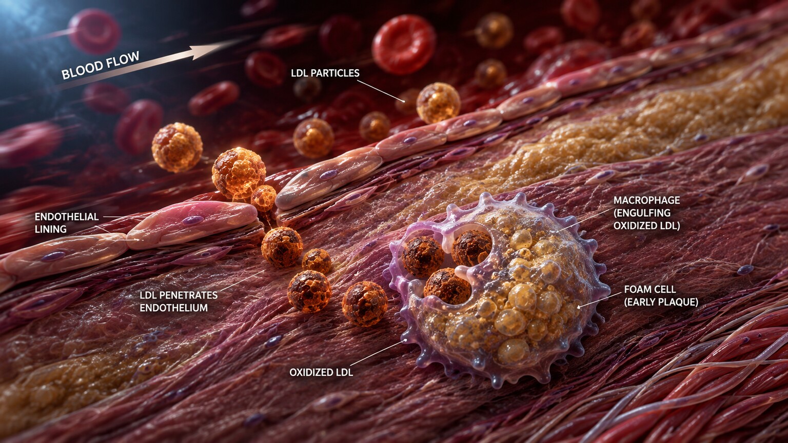 Cross-section illustration of an artery wall showing LDL particles infiltrating the endothelium and being consumed by macrophages to form early plaque