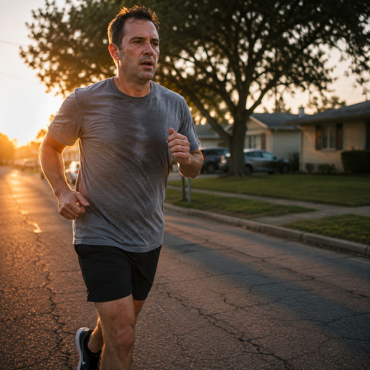 Person in their forties jogging outdoors at sunrise on a neighborhood street, visibly winded mid-stride