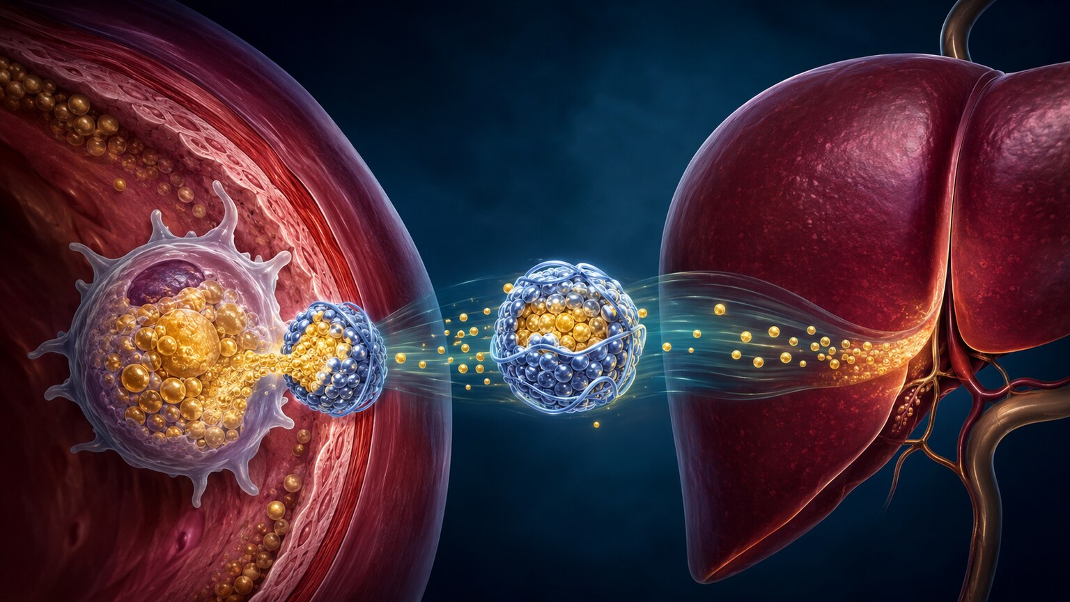 Scientific illustration of an HDL particle removing excess cholesterol from an artery wall and carrying it to the liver