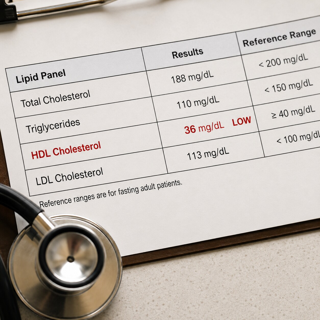 Close-up of a printed lipid panel lab report showing the HDL cholesterol value flagged below the reference range