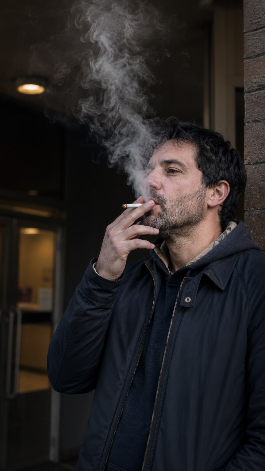 Person exhaling cigarette smoke while standing outside near a building entrance