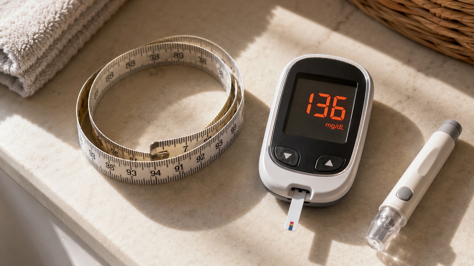 Tape measure wrapped around a waist beside a home glucose meter showing an elevated reading on a bathroom counter
