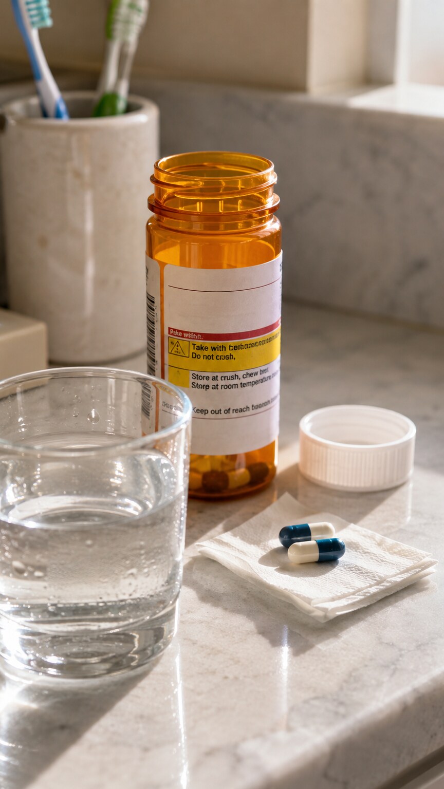Prescription medication bottle standing on a bathroom counter beside a glass of water