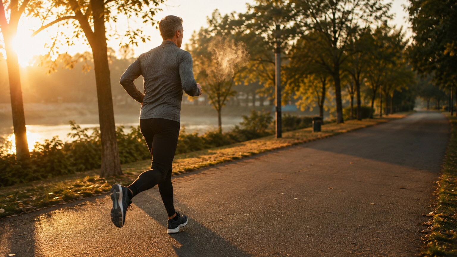 Person running along an outdoor path in early morning light