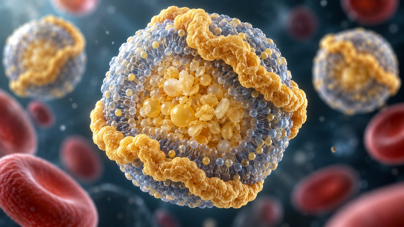 Scientific illustration of a single LDL particle with one long ApoB-100 protein wrapped around its outer surface, enclosing a core of cholesterol