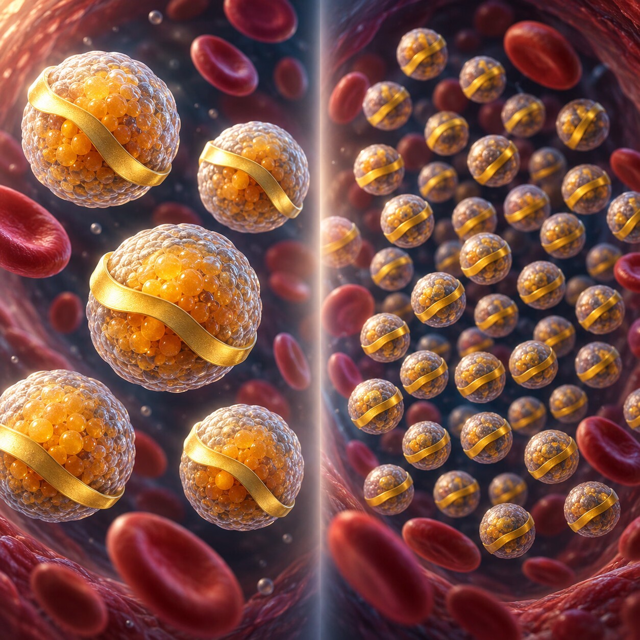 Side-by-side scientific illustration comparing a few large cholesterol-rich LDL particles with many small cholesterol-poor LDL particles carrying the same total cholesterol