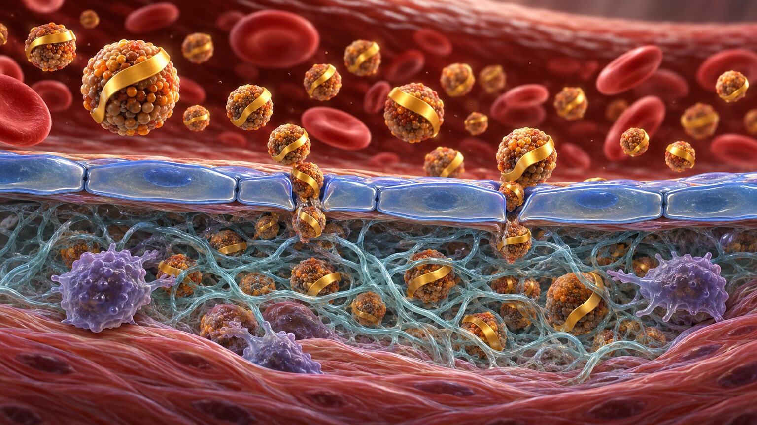 Scientific illustration of many ApoB-tagged lipoprotein particles of different sizes crossing an artery's inner lining and being retained in the wall