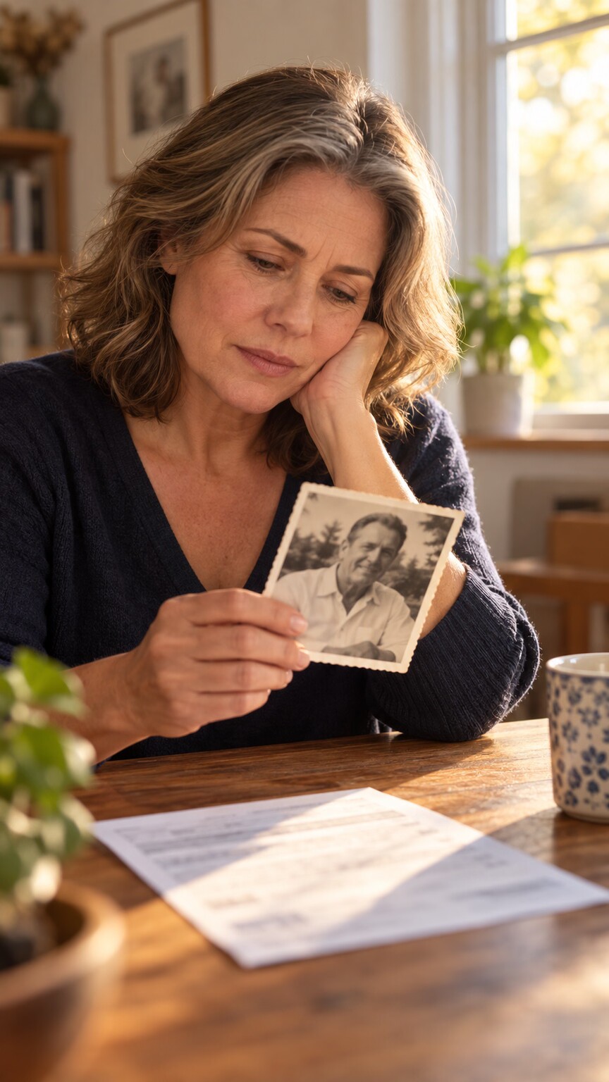 Person in their fifties sitting at a kitchen table looking thoughtfully at an old family photograph, considering a family history of early heart attacks