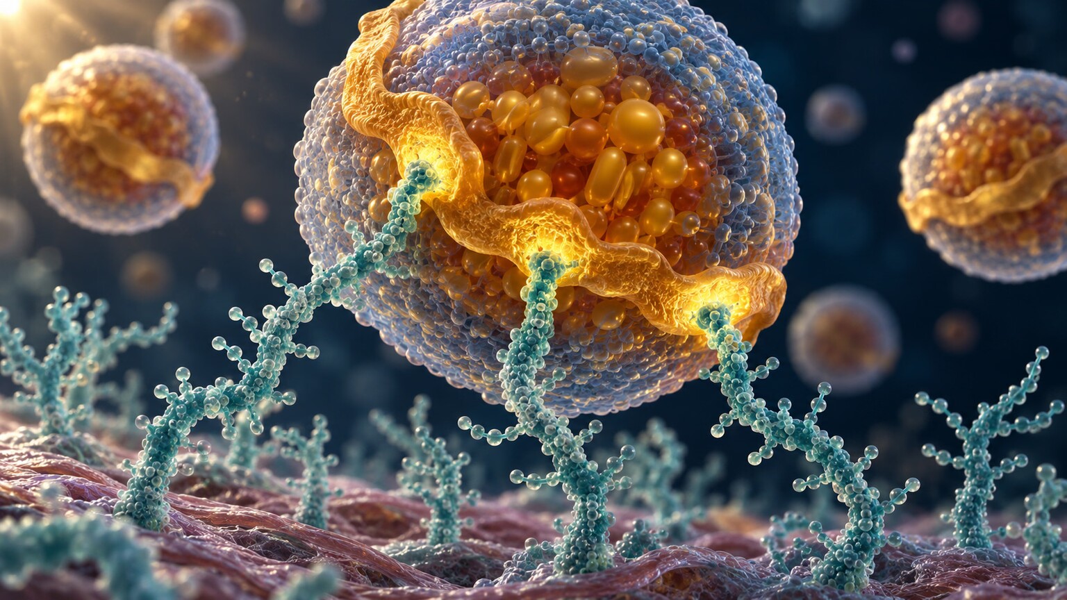 Close-up scientific illustration of the ApoB protein on a lipoprotein particle binding to proteoglycan strands inside an artery wall, anchoring the particle in place