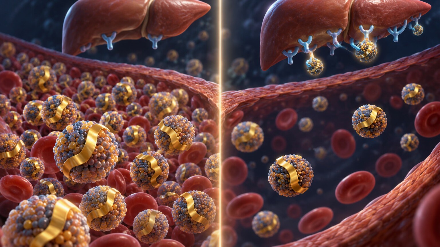 Scientific illustration comparing a bloodstream crowded with ApoB-tagged lipoprotein particles before treatment to a much sparser field of particles after treatment