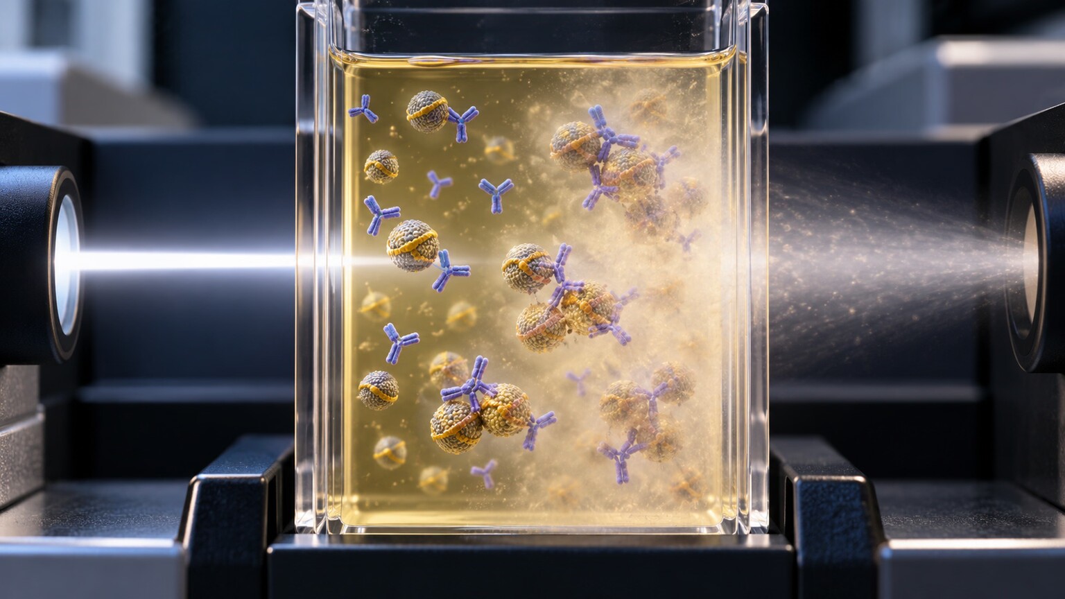 Scientific illustration of antibodies binding to ApoB proteins on lipoprotein particles in a cuvette, clouding the sample so an analyzer can measure the protein concentration