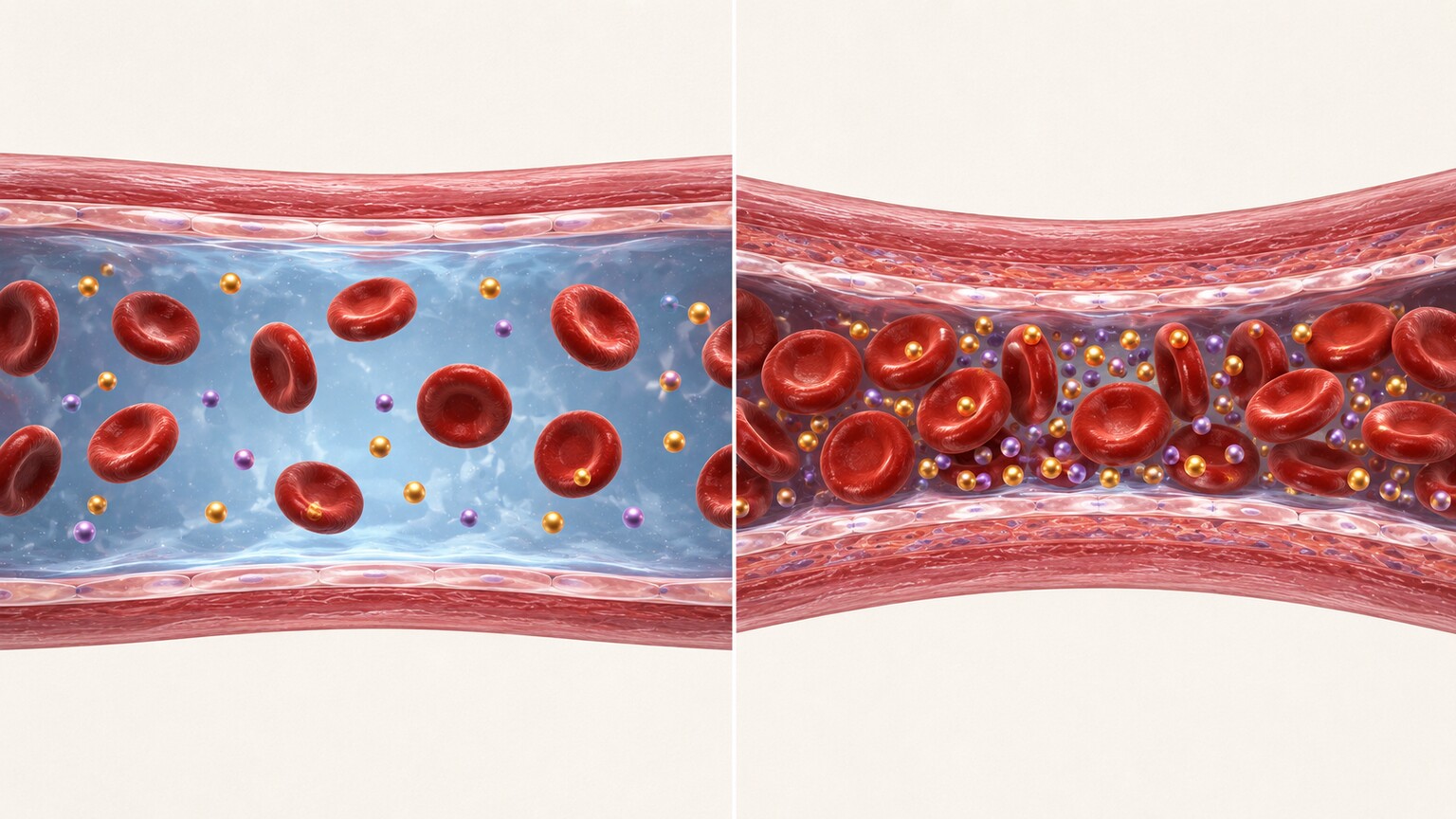 Scientific illustration of a blood vessel showing sodium and potassium ions becoming concentrated as plasma volume shrinks