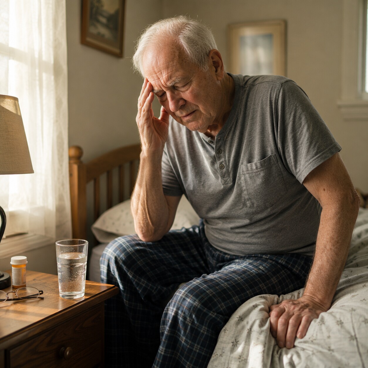 Elderly man sitting on the edge of a bed looking dizzy beside an untouched glass of water on the nightstand
